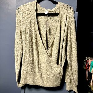 V-neck, faux wrap style Beige Knit Sweater, knit pattern, NWT